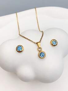 3入組時尚不鏽鋼湖藍色圓項鍊耳環套裝,適用於女性聖誕新年生日禮物,舞會配件套裝,波西米亞度假風格