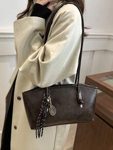 1 件咖啡棕色绗缝拉链开合 PU 纯色保龄球包，秋冬季，大容量手提包，新款时尚毛毡纹理单肩包，复古风格马鞍腋下通勤笔记本电脑包带绳装饰，适合女性日常使用