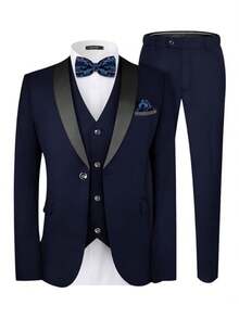 Mens 3 Piece Suit Slim Fit One Button Dress Tuxedo Men Suits Set Solid Color Wedding Classic Tuxedo Shawl Lapel Blazer Men Suits Set - 藏蓝色 - 查看 3