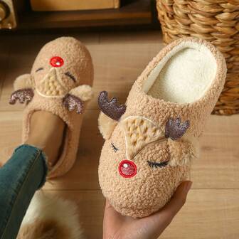 Cute Cartoon Christmas Deer Plush Comfortable Indoor Slippers, Soft Bottom Slippers For Home, Vacation, Bedroom, Unisex, Christmas Gift For Women, Plush Home Slippers For Ladies