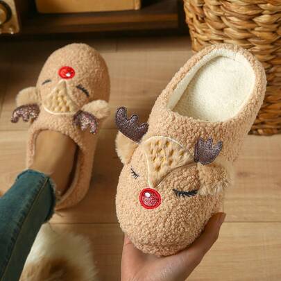 Cute Cartoon Christmas Deer Plush Comfortable Indoor Slippers, Soft Bottom Slippers For Home, Vacation, Bedroom, Unisex, Christmas Gift For Women, Plush Home Slippers For Ladies
