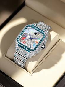 DAYAND NIGHT 2025 New Iced-Out Diamond Watch, 42mm Full Rhinestone Luxury Quartz Watch, Men's Stainless Steel Watch, Fashionable Wristwatch, Perfect For Business Banquets Daily Wear Valentine's Anniversary Birthday Gift (Halloween & Christmas Hot, Free Shipping) - 彩色 - 查看 9