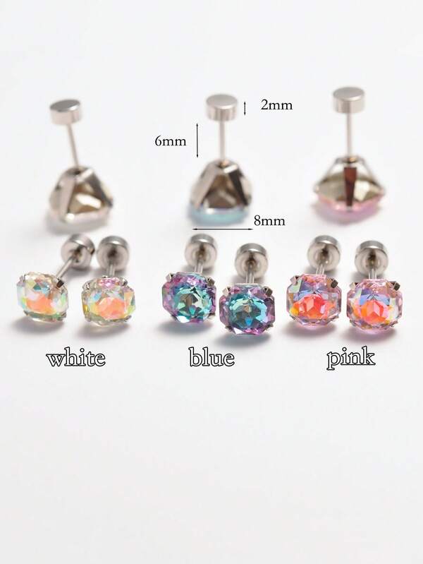 3 Pairs Fashionable Stainless Steel Stud Earrings With Multi-Faceted Refractive Gradient Colorful Crystal, Suitable For Daily Wear
