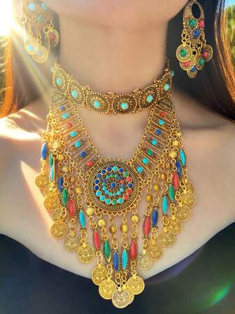 Conjunto de joyas de collar y aretes de mujer con diseño exótico y retro de palacio, en colores variados y versátil, adecuado para banquetes, fiestas de noche, accesorios de viaje, regalo