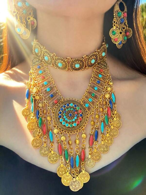 Women's Charming Exotic Palace Retro Mixed Color Versatile Necklace Earrings Jewelry Set, Suitable For Banquet, Evening Party, Travel Outfit Accessories, Gift