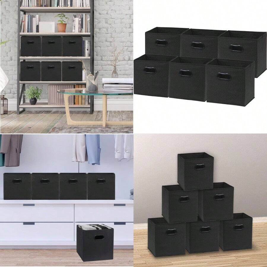 SimpleHouseware Foldable Cube Storage Bin With Handle 6 Pack Black