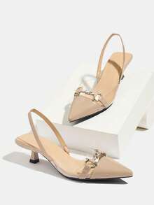 Tacones altos de tacón de gatito con puntera puntiaguda y decoración de rhinestones para mujer, de color albaricoque, elegantes y sexys para fiestas, bodas, exteriores y citas