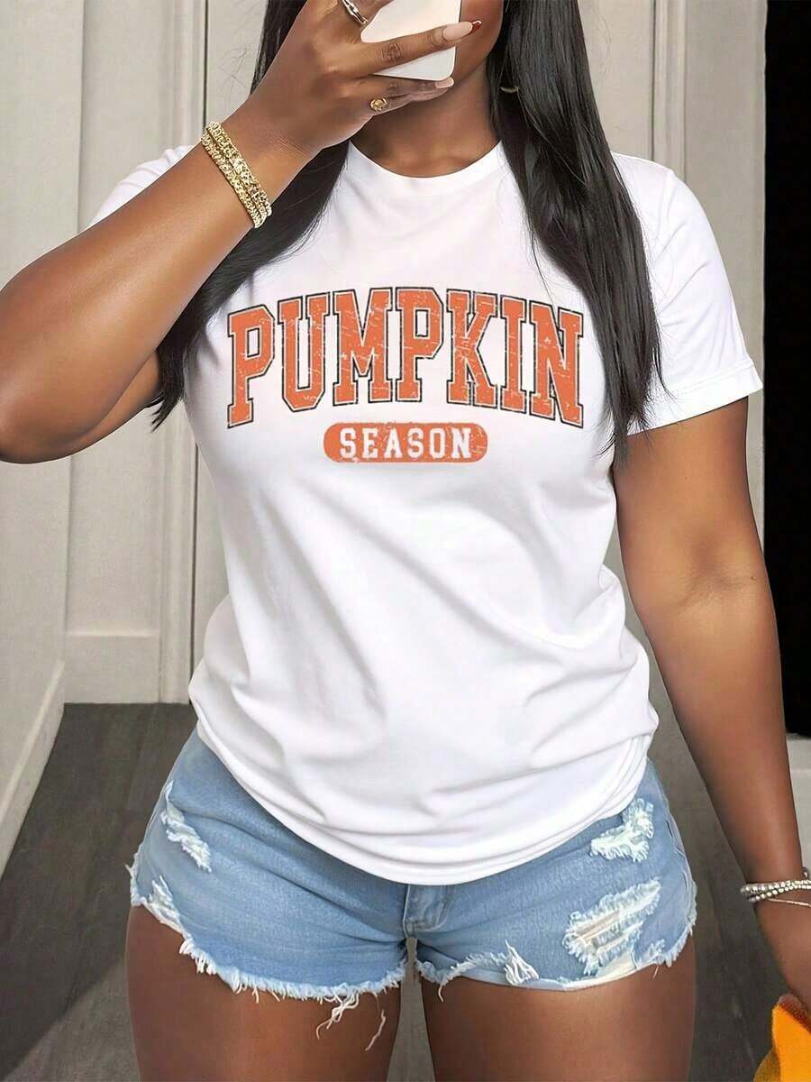 Camiseta de temporada de calabaza de otoño de Halloween, camiseta gráfica de calabaza de Halloween de talla grande para mujeres, camiseta de calabazas frescas de granja de otoño recogidas a mano diariamente, camiseta gráfica de parche de calabaza de Acción de Gracias divertida de otoño, perfecta para regalos de fiestas de otoño e invierno de Acción de Gracias y Halloween, ropa de moda festiva, camiseta suelta, casual y versátil - Blanco - Ver 1