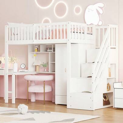 Loft Bed With Built-In Wardrobe, Desk & Shelves: 90x200cm Multi-Functional Wooden Bed Frame With Storage Stairs, Space-Saving Design, White