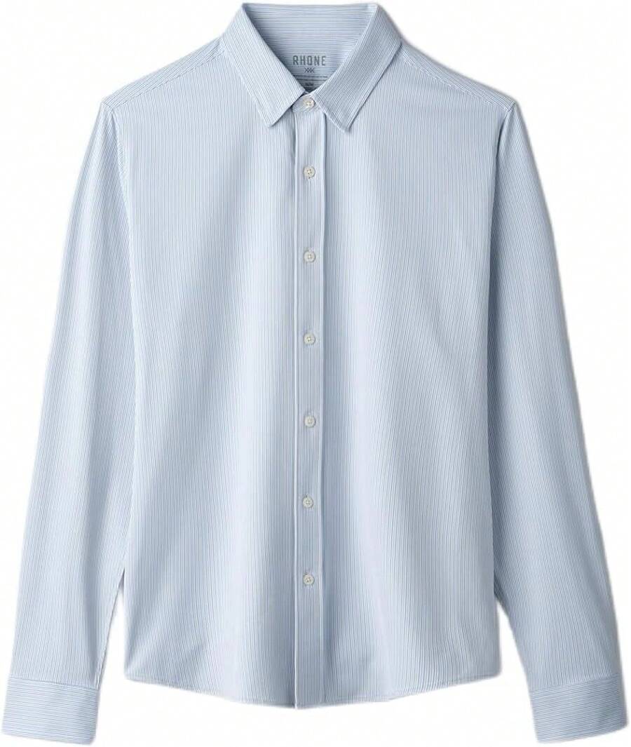 Men's Commuter Shirt, Performance Dress Shirts For Men, Machine Washable, Wrinkle Resistant, Slim Fit Button Down Shirthalloween - Light Blue/Yellow Stripe - View 1