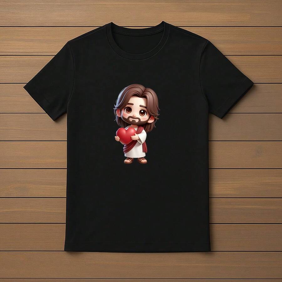 Camisa Camiseta  Infantil Juvenil Jesus Coraçao Menino Menina Tamanho 02 ao 16 Filme Desenho - Preto - Visão 1