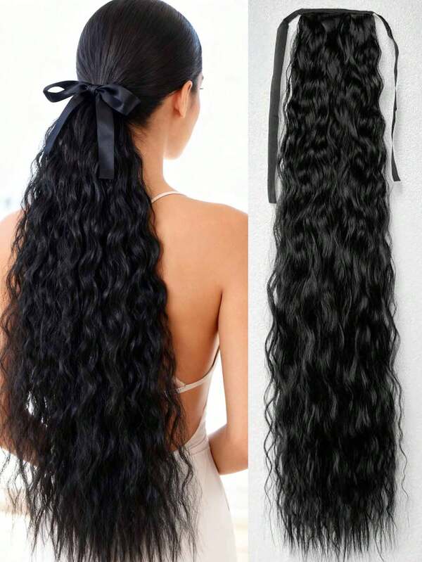 Extensão de rabo de cavalo longo cacheado 32 polegadas cor preta enrolado em volta do grampo no cabelo fibra sintética para mulheres uso diário (liso cacheado)