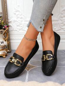 1 Pair Women's Comfortable Non-Slip Soft Bottom Round Toe Low Heel Flats With Metal Decor, Black, Casual Slip-On Loafers, Suitable For All Seasons