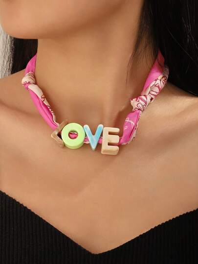 1pc Dopamine Color Scarf Necklace, Luxury Pendant, Suitable For Daily Wear Or Gift, Silk Scarf With Random Letter Color