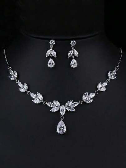 طقم مجوهرات فاخر من قلادة وأقراط مرصعة بالراين بتصميم زهرة ودمعة، مرصع بالزركونيا المكعبة، هدية مجوهرات أنيقة للربة، مناسبة للزفاف والحفلات والمناسبات