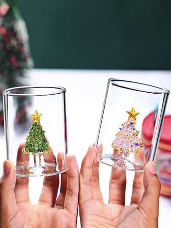 1 pieza Taza de vidrio con estilo INS navideño, taza de vidrio con árbol de Navidad 3D y corona, taza para agua/leche/jugo/bebida/café, taza de té de la tarde en el hogar, regalo de pareja, regalo navideño para familia y amigos