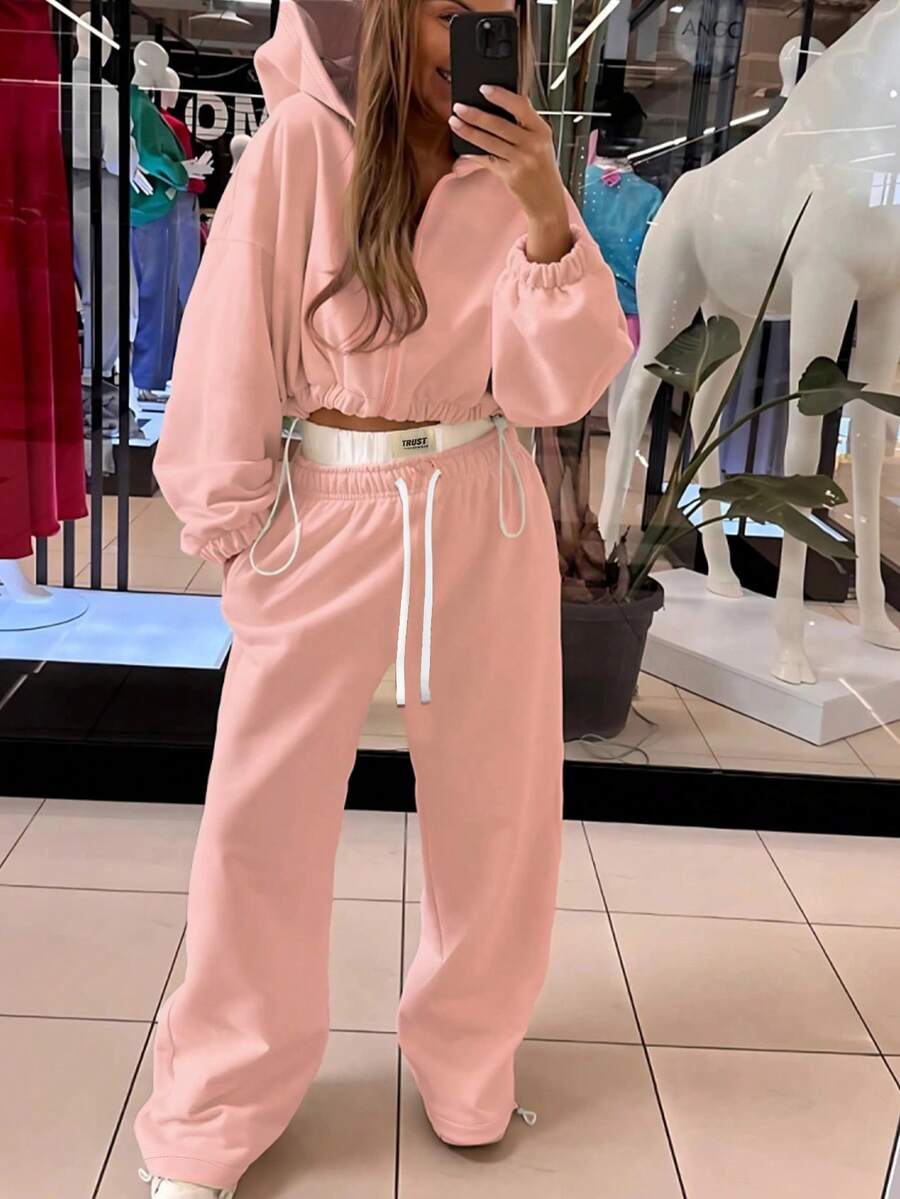 Women's Casual Solid Color Drawstring Waist Hooded Loose Tracksuit Set - Pink - View 1