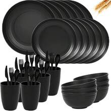Juego de vajilla de 44 piezas, juego de vajilla de paja de trigo, vajilla reutilizable de fibra irrompible para 4 personas, libre de BPA, apto para lavavajillas y microondas (gris claro) - Negro - Ver 4