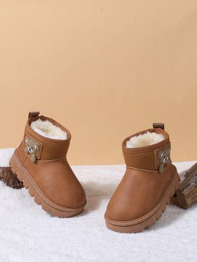 1 paire de bottes de neige avec motif d'ours brun, bottes mi-mollet pour tout-petits/enfants, doublure en fourrure épaisse, convient pour le port quotidien en hiver, les courses, les fêtes et les voyages