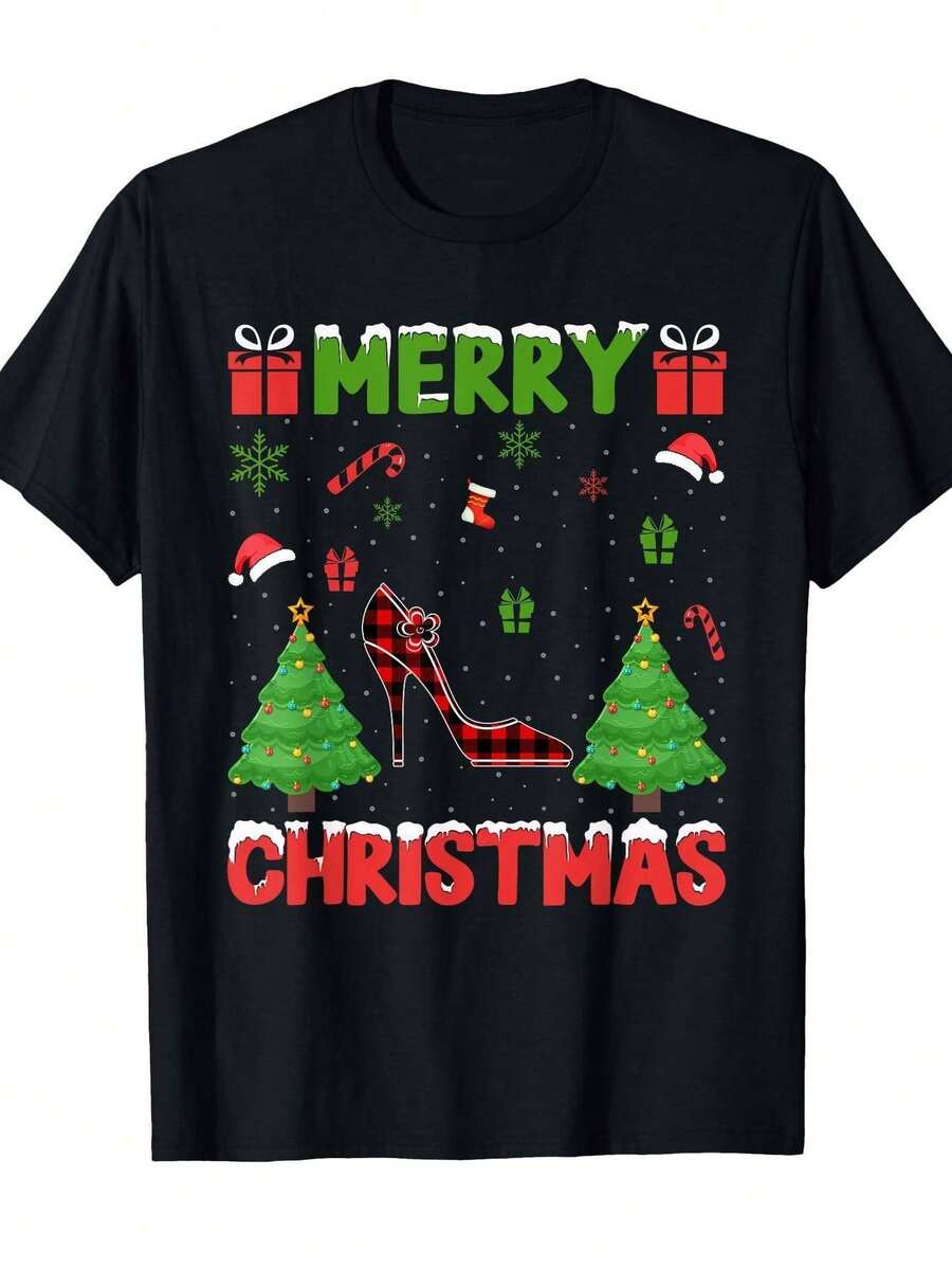 Camiseta De Fiesta De Navidad Fea - Camiseta De Fiesta De Color Oliva Con Texto 'Feliz Navidad', Árboles De Cuadros Rojos Y Gráfico De Tacón Alto - Ajuste Cómodo Elástico - Tallas S A XXXL - Regalo Divertido De Navidad Para Mujeres Y Hombres, Camiseta De Navidad, Ropa Festiva Informal, Cuello Redondo Informal, Camiseta Gráfica Festiva, Ropa Duradera Informal, Camisa De Tejido Elástico, Ropa De Temporada, Material Cómodo, Ropa Unisex - Oscuro - Ver 1