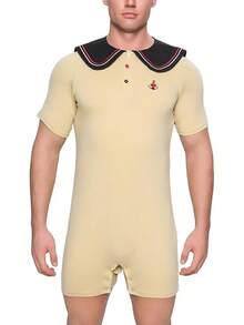 Men's Cotton  Sailor Collar Bodysuit Short Sleeve Print Romper Pajama - Captainhalloween - Brown - View 10
