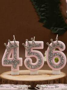 1支皇冠水晶银色粉色创意数字0-9蜡烛，生日派对粉色闪亮皇冠造型数字生日蜡烛，银色镶钻，营造氛围，适合生日庆祝、开学季和情人节蛋糕装饰 - 彩色 - 查看 6