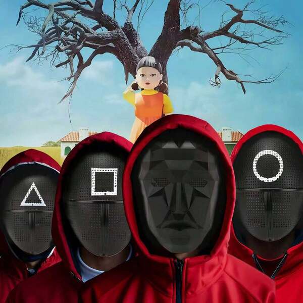 أقنعة تنكرية، قناع كوستيوم للبالغين مقاس واحد، قناع لعبة البقاء على قيد الحياة الكرتونية، شبكة سوداء، مثلث، مربع، دائرة، مناسبة للعب الأدوار والحفلات والأعياد، للسيدات والرجال