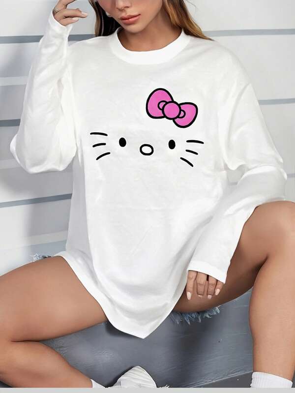 Sanrio Sanrio Hello Kitty Women's White T-Shirt Sleepwear, Long Sleeve, Autumn/Winter