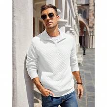 Mens Quarter Zip Pullover Quilted Sweatshirt Knit Long Sleeve Mock Neck Sweater Polo With Pocket - White - View 7