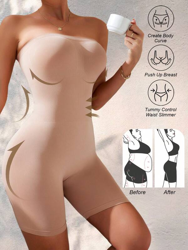 Ladies' Solid Color Seamless Sleeveless Slimming Tummy Control Waist Trainer Butt Lift Bodysuit Bodycon Strapless Bustier Shapewear