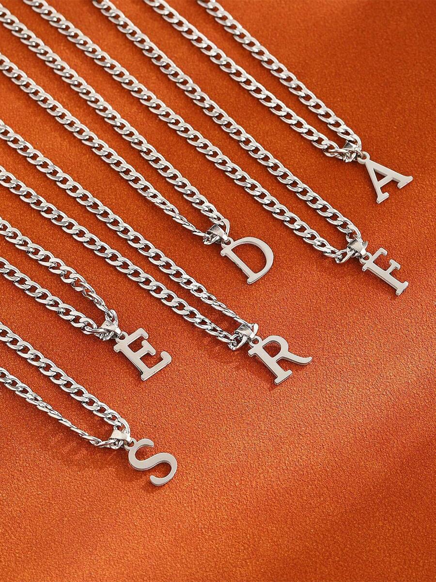 1 pièce Chaîne cubaine en acier inoxydable avec 26 lettres de l'alphabet anglais, collier pendentif avec lettre de A à Z, personnalisé, convient pour le port quotidien des hommes ou en cadeau - Acier - Voir 1