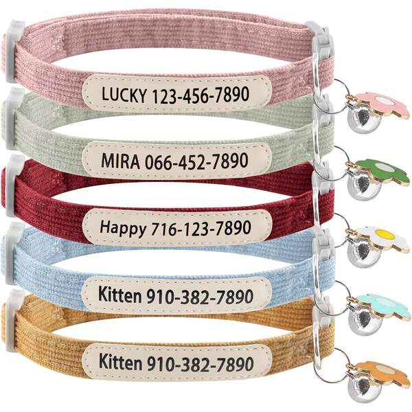 Personalized Collars Breakaway With Bell, Custom Corduroy Collar With Name And Phone Number, Cute Collar With Flower Accessories Or Kitten