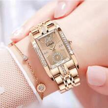 1 pieza Reloj de pulsera de cuarzo para mujeres con banda de acero inoxidable marrón, esfera cuadrada brillante y detalles, adecuado para el transporte diario y decoración, LA306