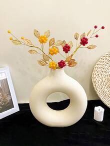 1pc/3pcs Metal Leaf Artificial Flower Handmade Beaded Faux Berry Realistic Plant Decor For Home, Desktop Decoration