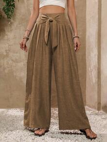 Women's Casual High Waist Wide Leg Pants, Solid Color, Soft Fabric, Elastic Waistband - 卡其色 - 查看 11