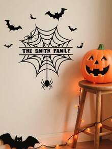 Custom Halloween Door Decal, Personalized Family Name Spider Web Sticker With Bats & Spiders, Halloween Front Door Decor, Spooky Vinyl Transfer Decal, Haunted House Porch Decoration, Gothic Fall Home Decor, Trick Or Treat Sign - Multicolor - View 3