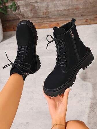 2025 Winter New Women's Shoes, Warm Winter Women's Boots, Fashion Versatile Casual Women's Shoes, Leather Ankle Boots, Black & White Short Boots, Lace-Up Side Zipper Women's Boots, Platform Women's Boots, Lace-Up Side Zipper Women's Ankle Boots And Short Boots, Women's Fashion Boots, Motorcycle Boots, Boots, Black Boots