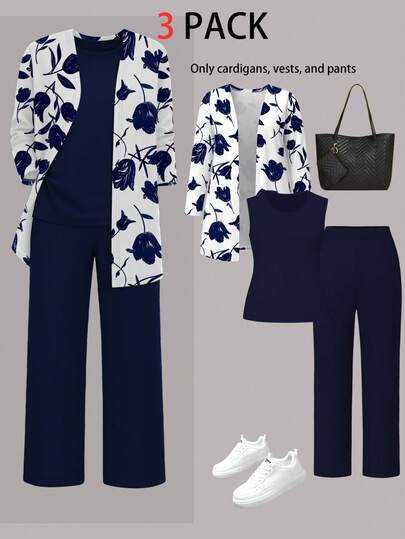 3 pièces Ensemble de tenue minimaliste à imprimé floral pour femmes : Veste/Cardigan + Débardeur + Pantalon droit à taille élastique, Tenue de navettage pour l'automne/l'hiver