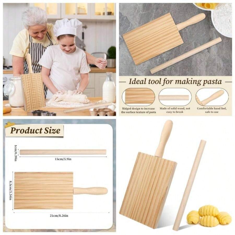 Tabla de oquis y raviolis Rolling Pin Stripper de oquis de espaguetis, macarrones, tabla de pasta de madera, herramientas para hacer pasta curvada, rodillo de paleta para pasta casera para amantes - Madera natural - Ver 1