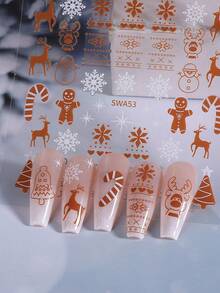 2 pièces Autocollants d'ongles avec motifs de bonhomme en pain d'épices marron, sapin de Noël, flocon de neige, cerf, canne. Motifs de dessins animés mignons et brillants. Décalcomanies adhésives pour manucure et décoration d'ongles pour femmes et filles, pour les designs d'ongles du Nouvel An - Multicolore - Voir 6