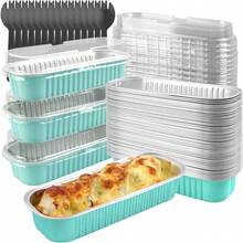 Tikxlafe Moldes pequeños rectangulares de 193 g con tapa 50 unidades charola pequeña para hornear desechable contenedor para cupcake pastel de queso pan brownie color azul - AZUL - Ver 2