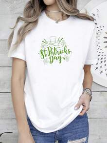 180g pure Cotton Camicia Happy Patrick's Day, Lucky Shamrock Shirt, Shamrock Tee, Patrick's Day Gift, Patrick's Day Family Matching Shirt, Drinking Shirt Print Round Neck Short Sleeve Summer Women Top Graphic Tees fashion Stretched women Stylish streetwear female - Blanco - Ver 1