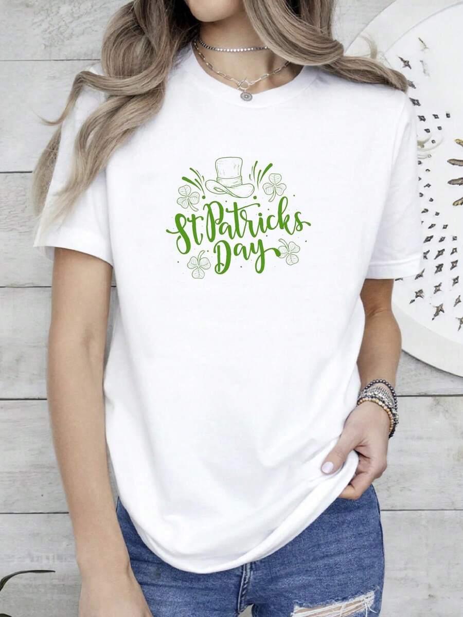 180g pure Cotton Camicia Happy Patrick's Day, Lucky Shamrock Shirt, Shamrock Tee, Patrick's Day Gift, Patrick's Day Family Matching Shirt, Drinking Shirt Print Round Neck Short Sleeve Summer Women Top Graphic Tees fashion Stretched women Stylish streetwear female - Blanco - Ver 1