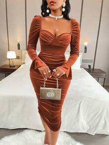 Amarilo Women's Sexy Solid Color Velvet Sweetheart Neckline Backless Side Ruched Wrap Bodycon Dress