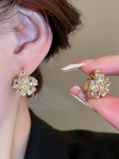 2pcs Zirconia Cat Eye & Floral Double-Sided Earrings, Elegant Vibe Suitable For Dates And Outfits