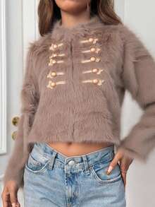 Novedades otoño/invierno Ropa de abrigo para mujer Chaqueta corta con ribete de piel Diseño cruzado Forro polar grueso para proteger del frío Cierre con cremallera y bolsillos Elegante estilo bohemio Y2K Informal, sensual, ropa para estar en casa, salidas, vacaciones, fiestas Prendas de punto cálidas a rayas Pantalones con motivos bordados Adecuado para Navidad, Halloween, Año Nuevo, Día de Muertos, citas, cumpleaños, bodas - Caqui - Ver 1