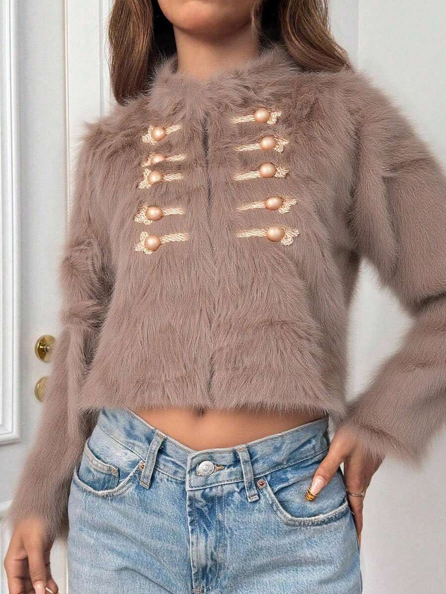 Novedades otoño/invierno Ropa de abrigo para mujer Chaqueta corta con ribete de piel Diseño cruzado Forro polar grueso para proteger del frío Cierre con cremallera y bolsillos Elegante estilo bohemio Y2K Informal, sensual, ropa para estar en casa, salidas, vacaciones, fiestas Prendas de punto cálidas a rayas Pantalones con motivos bordados Adecuado para Navidad, Halloween, Año Nuevo, Día de Muertos, citas, cumpleaños, bodas - Caqui - Ver 1