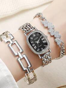 3 件套奢华优雅椭圆形罗马表盘精致石英女士手表套装，适合日常搭配、生日、女士礼物、周年纪念、年终促销、光棍节、万圣节促销和其他节日礼物 - 銀色 - 查看 6