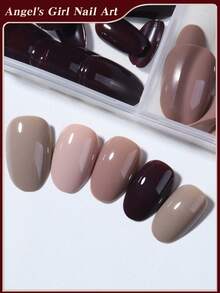 96片/盒（4盒混装）短椭圆形棕色、裸色和红色美甲贴纸，全覆盖亚克力美甲贴纸，包含1瓶甲油胶和1把指甲锉，带收纳盒，适合女性和女孩日常及派对使用。 - 彩色 - 查看 6