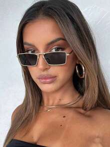 Women's Square Rectangular Sunglasses, Rich Style, Fashionable And Elegant Metal Frame, Suitable For Daily Wear, Beach Accessories, Summer Sunglasses, Beach, Vacation, Travel - 黑色 - 查看 2